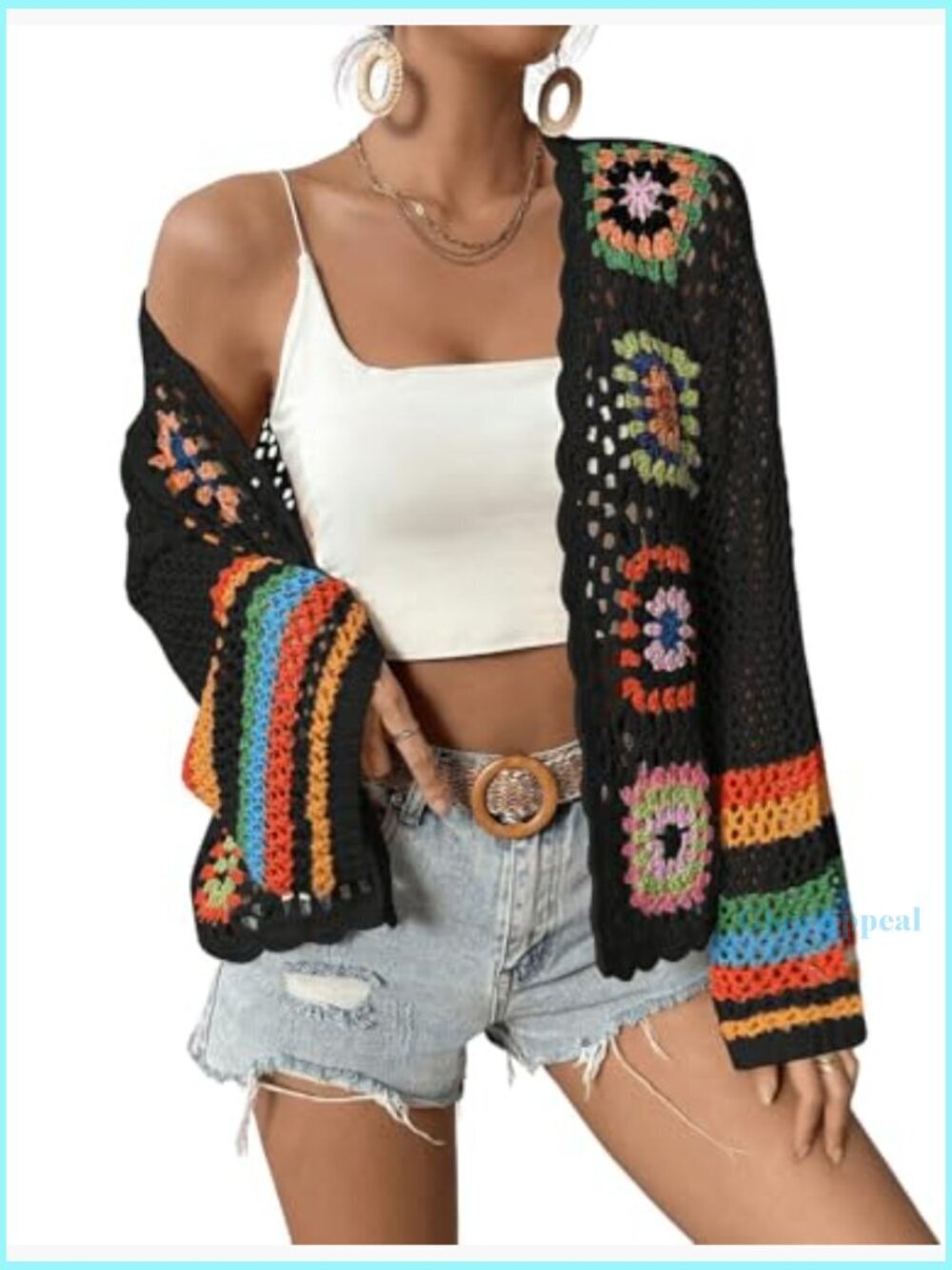 Floral Crochet Cardigan Sweater Lightweight Hollow Out Open Front - Picture 4 of 5